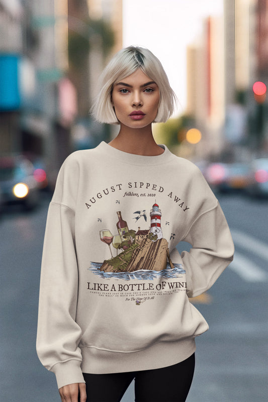 August Sipped Away Lighthouse and the Wine Set Vintage Graphic Sweatshirt