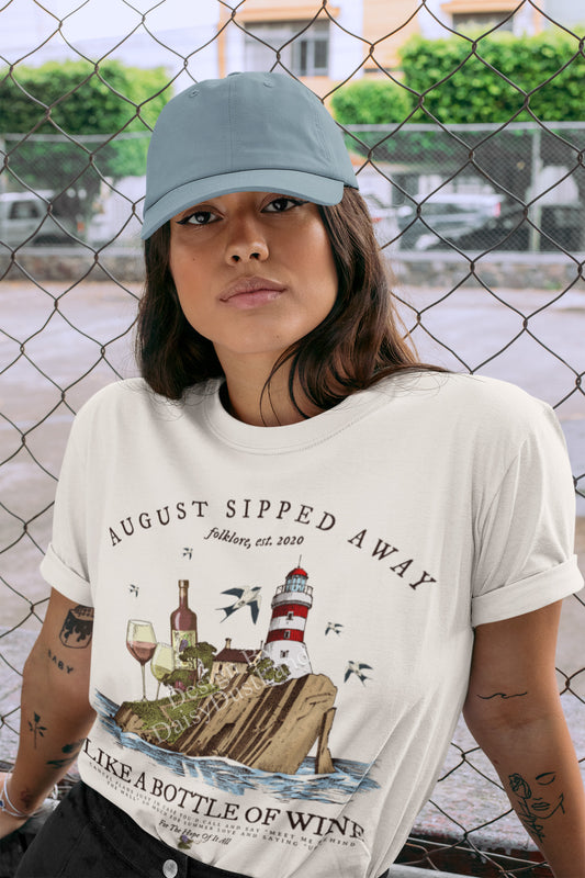 August Sipped Away Lighthouse and the Wine Set Vintage Graphic T-shirt